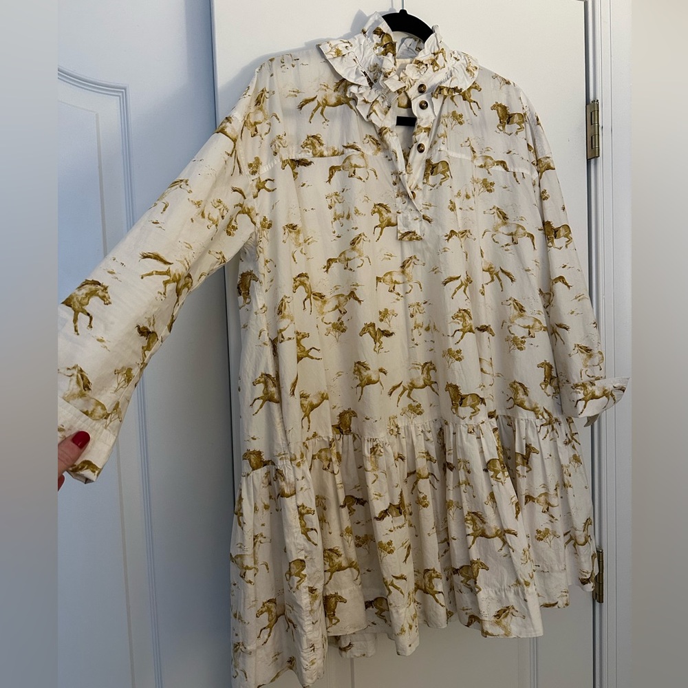 Ganni Cream Dress with Gold Horse Print